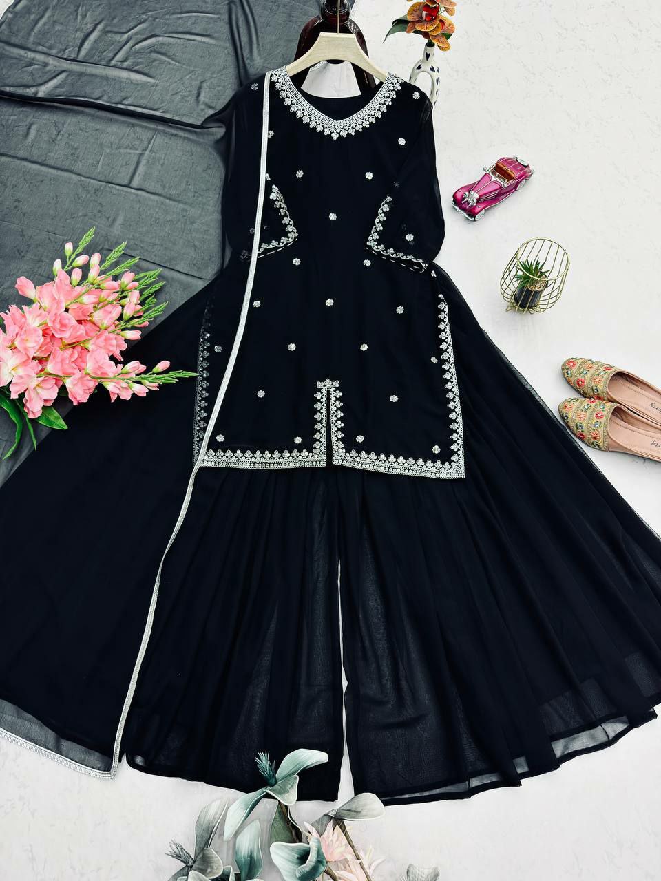 Designer Fox Georgette Top Palazzo Set with Organza Dupatta