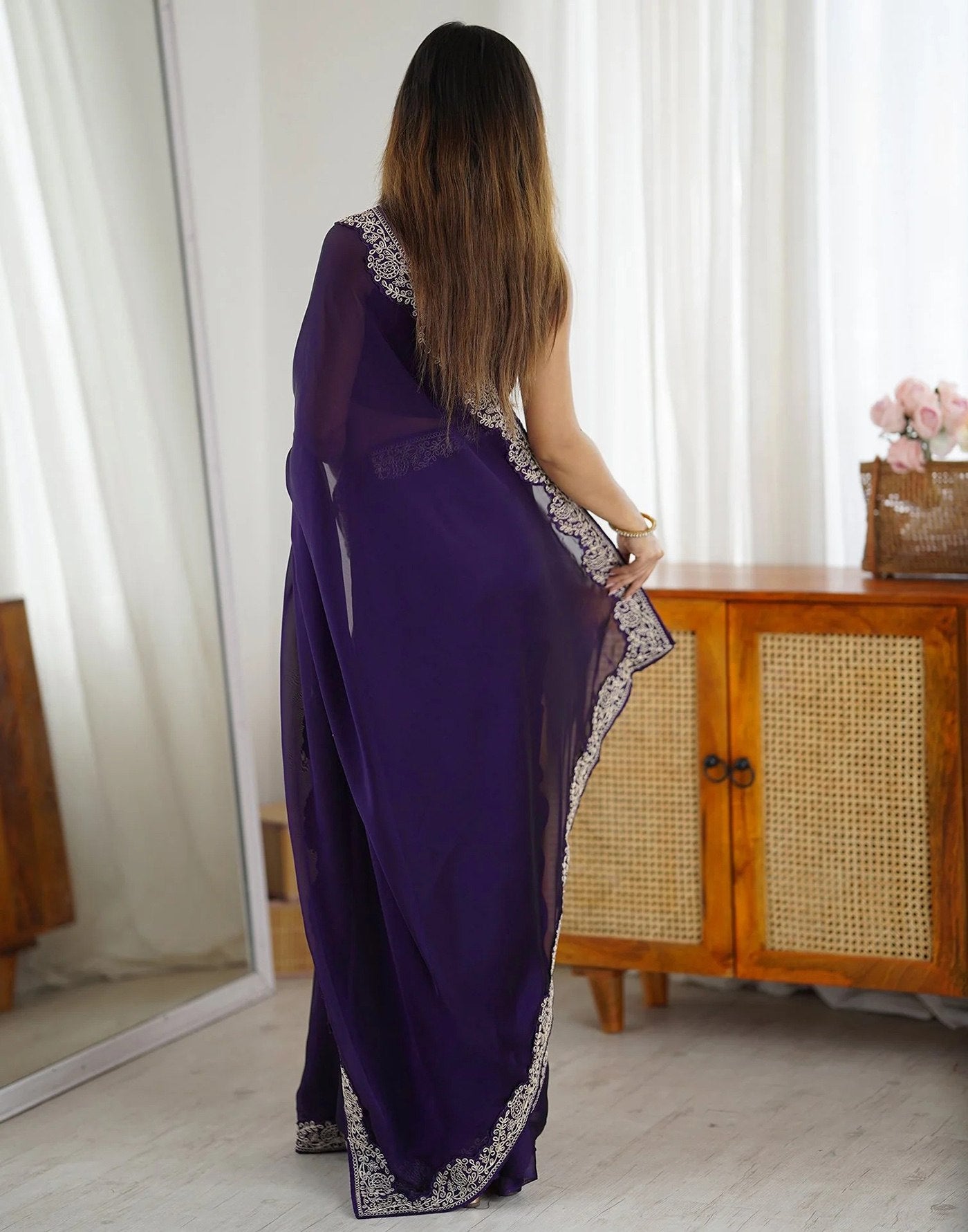 Purple Rangoli Party Wear Saree with Embroidery Work