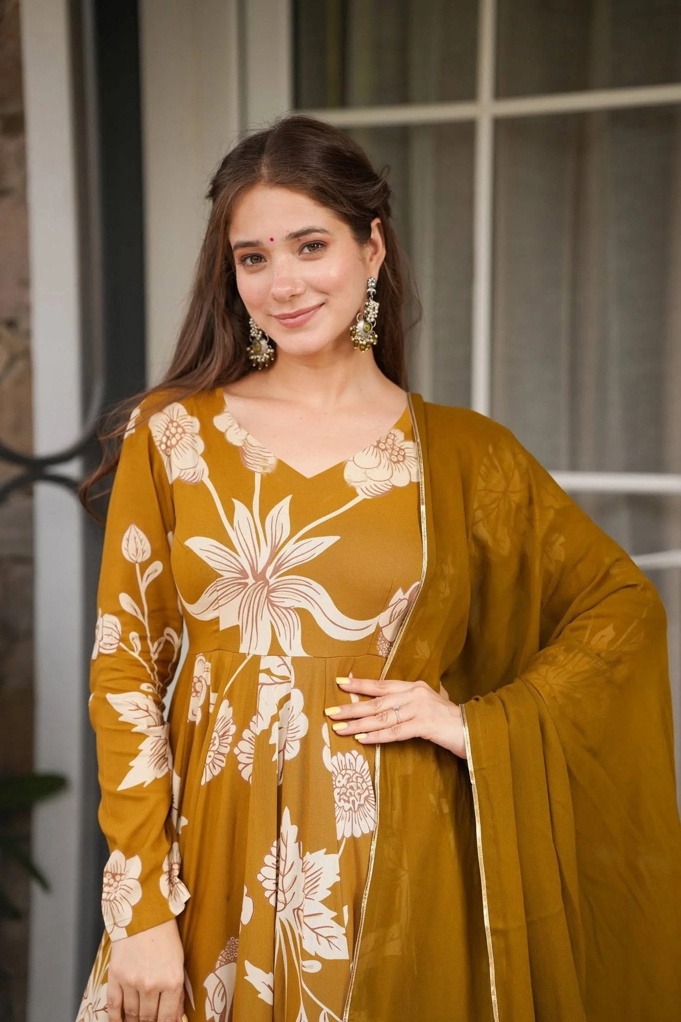 Women’s Yellow Rayon Slub Anarkali Kurta Pant Set with Georgette Dupatta