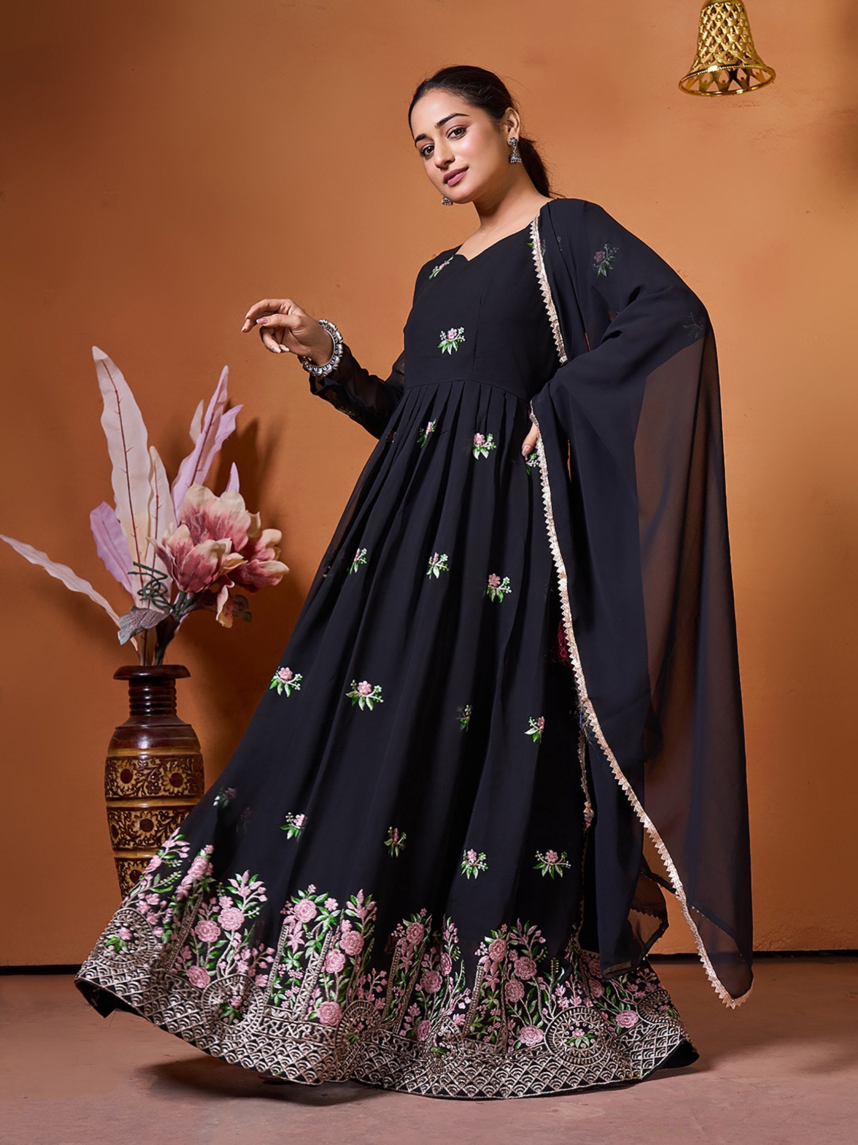 Black Georgette Embroidered Anarkali Gown with Dupatta