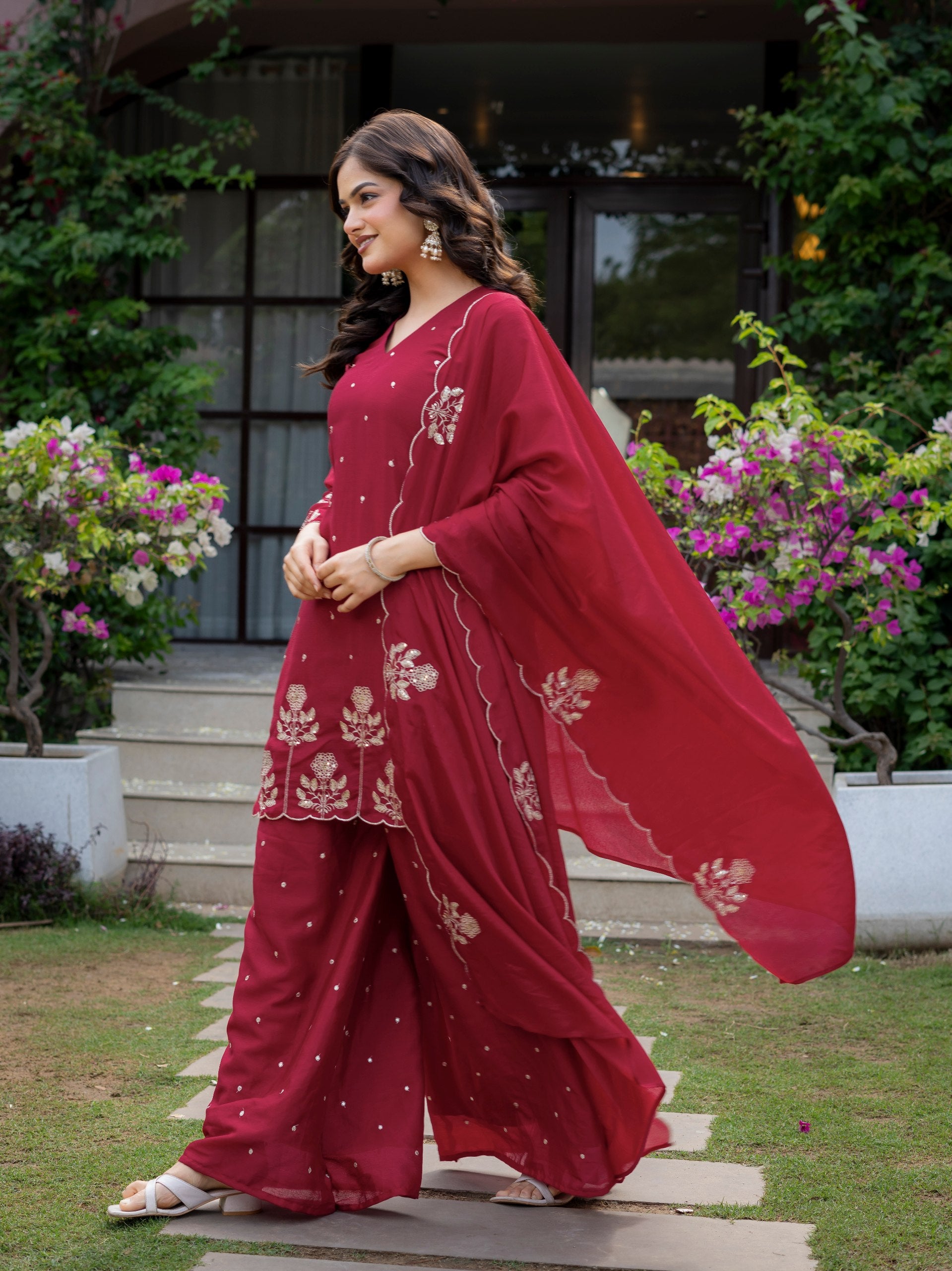 Premium Chinon Embroidered Kurti Set with Dupatta