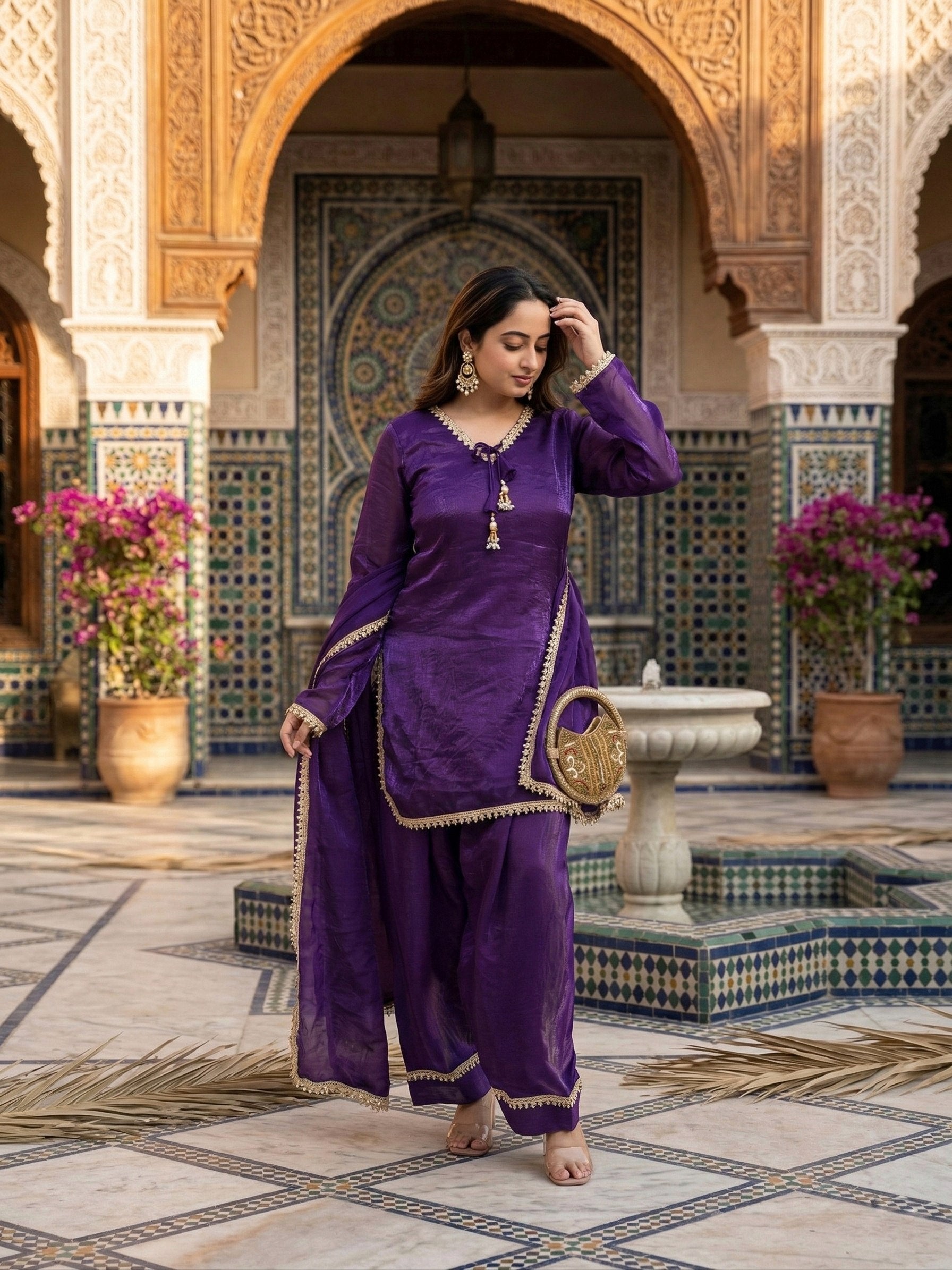 Designer Fendi Satin Mirror & Moti Work Plazo Set with Dupatta