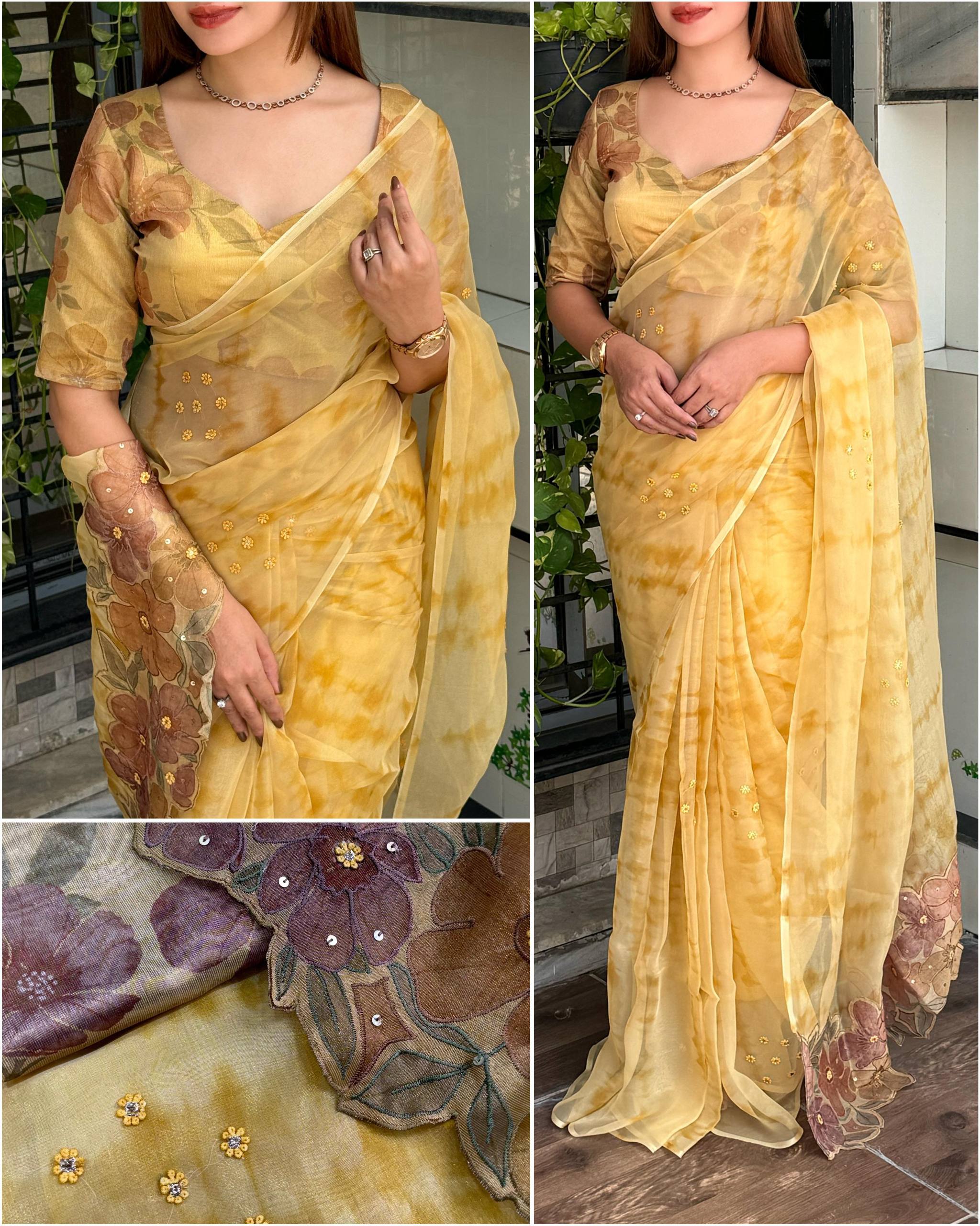Pure Glass Tissue Designer Saree with Hand Applique Work