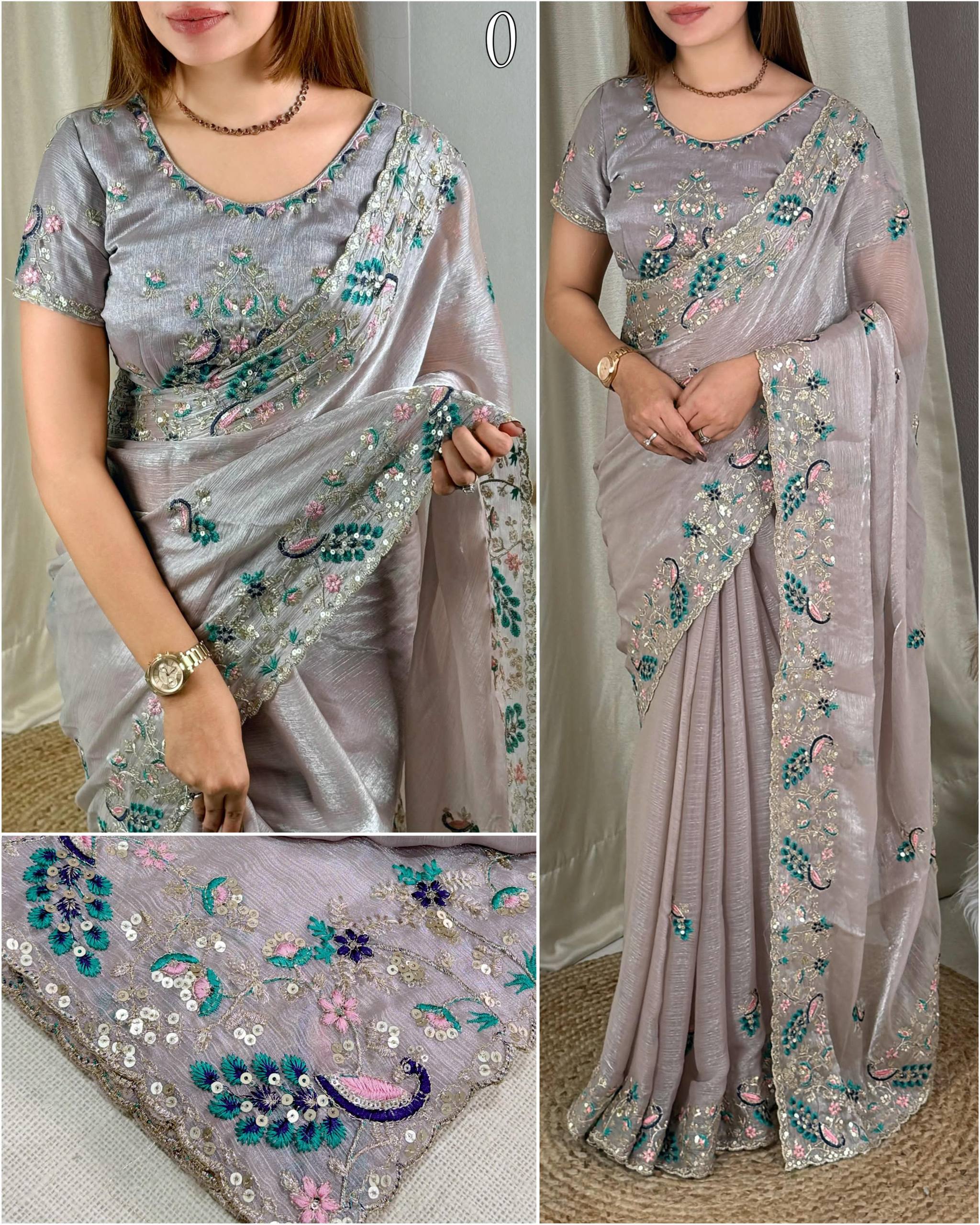 Party Wear Fandy Chiffon Saree with Sequins & Embroidered Blouse