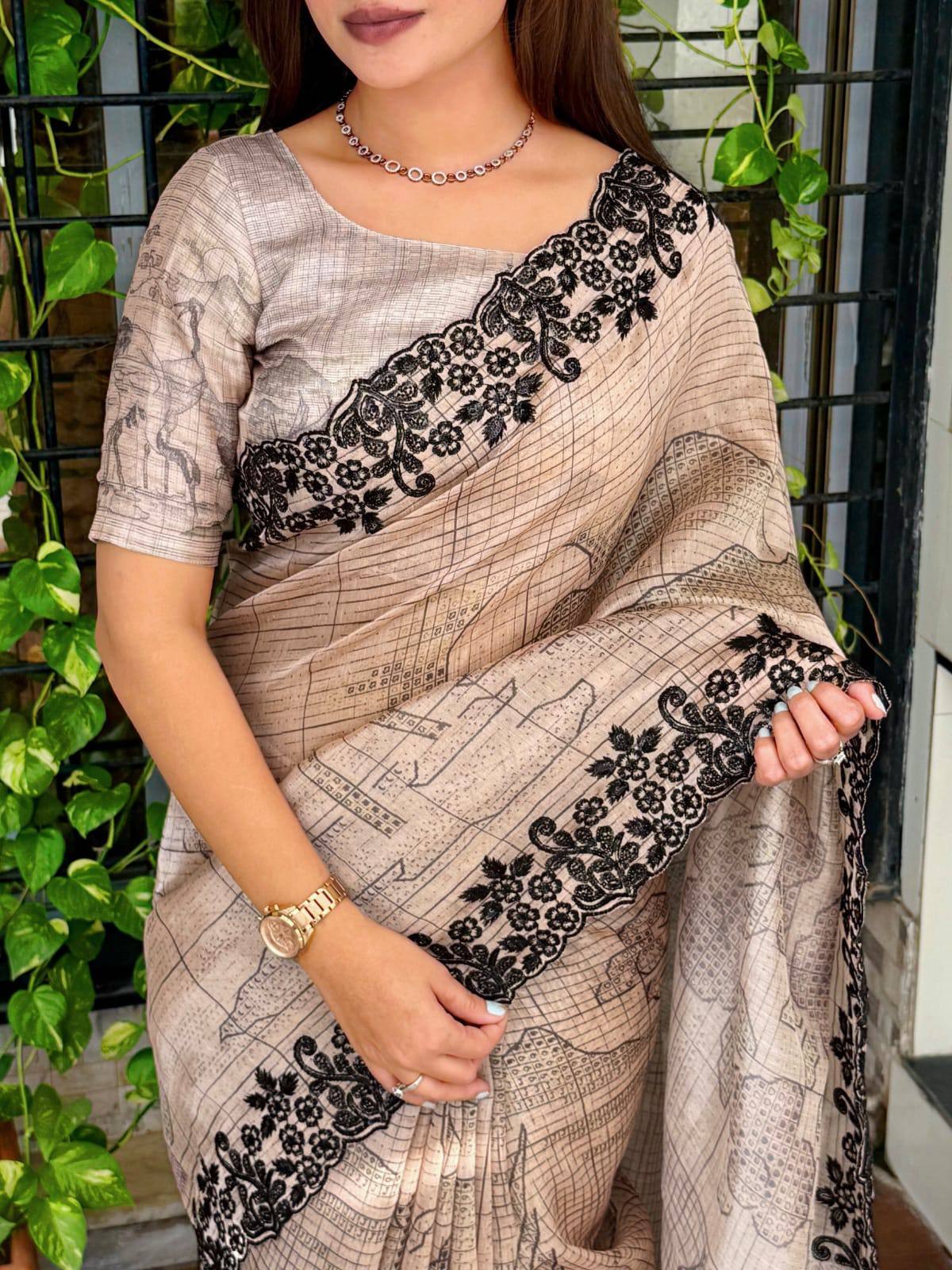 Designer Glass Organza Saree with Sequins & Digital Print