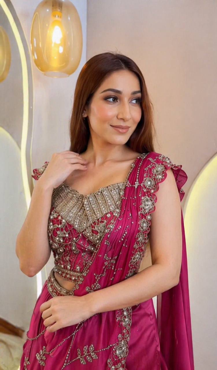 Lehenga Style Saree in Premium Crepe Silk with Sequins Embroidery