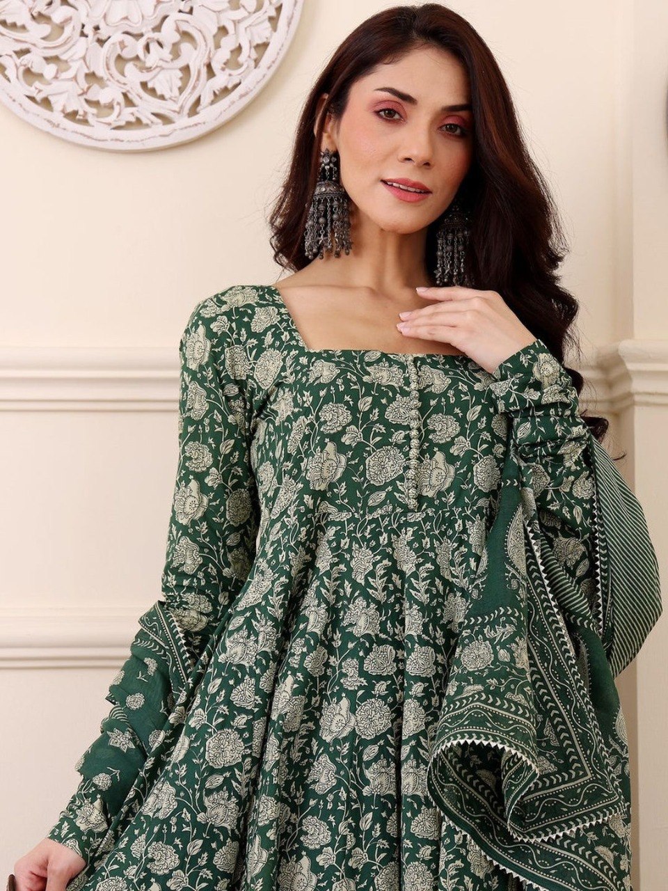 Dark Green Rayon Printed Kurti Set with Pant & Dupatta