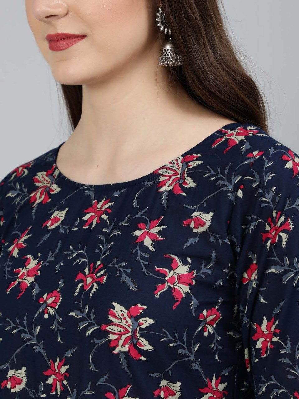 Navy Blue Rayon Printed Kurti Set with Dupatta