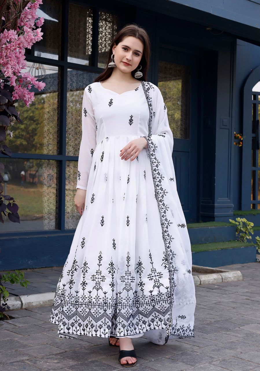 Designer White Anarkali Gown with Dupatta