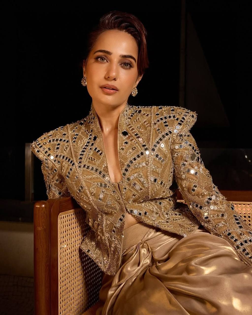 Bollywood Style 3-Piece Indo-Western Set with Real Mirror Work Koti & Dhoti (Golden Foil Silk)