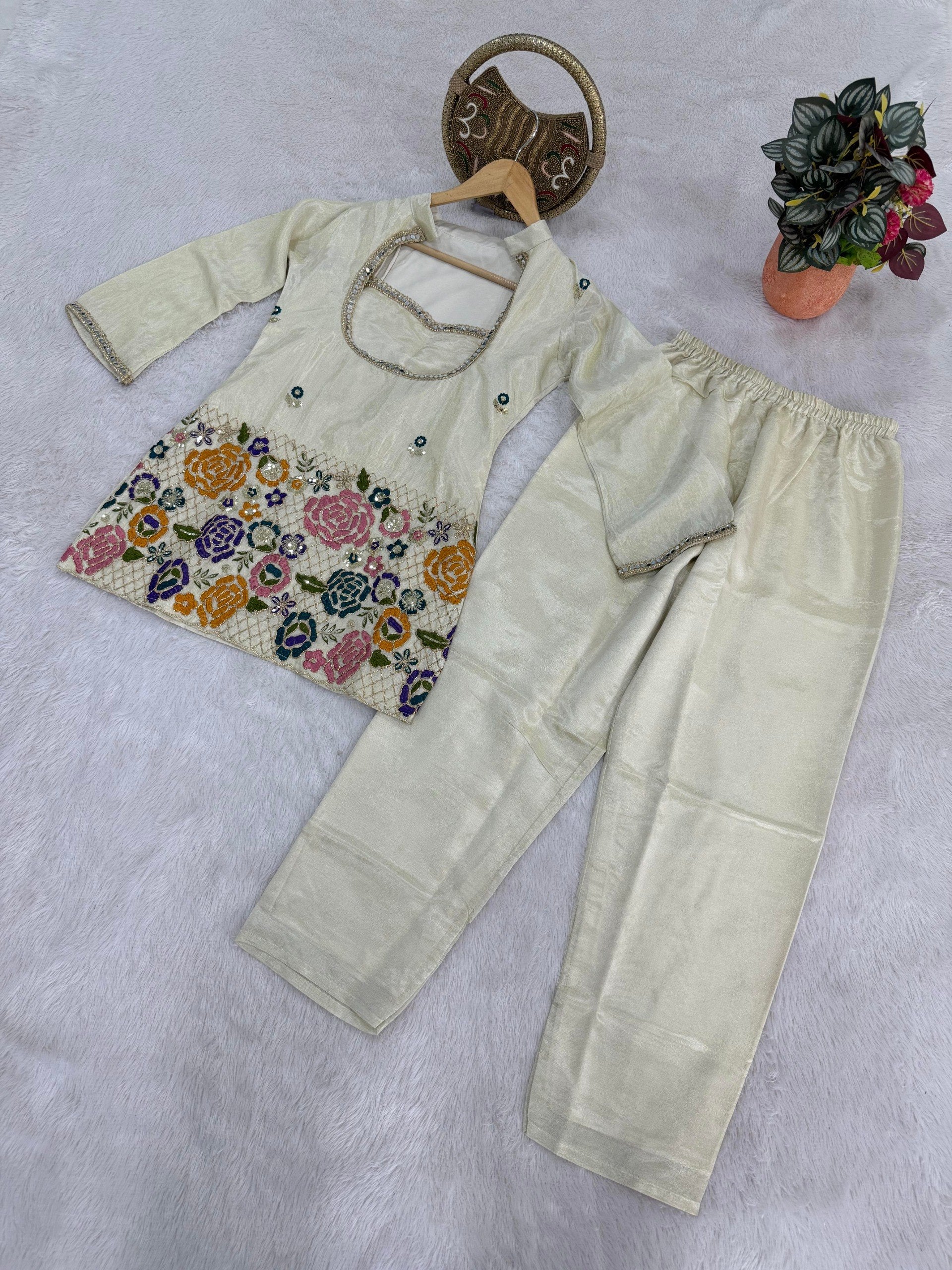 Premium Ivory Tissue Shimmer Co-Ord Set with Sequins & Real Mirror Work Bustier