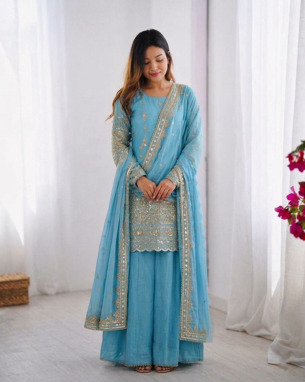 Elegant Vichitra Silk Embroidery Sharara Set with Dupatta