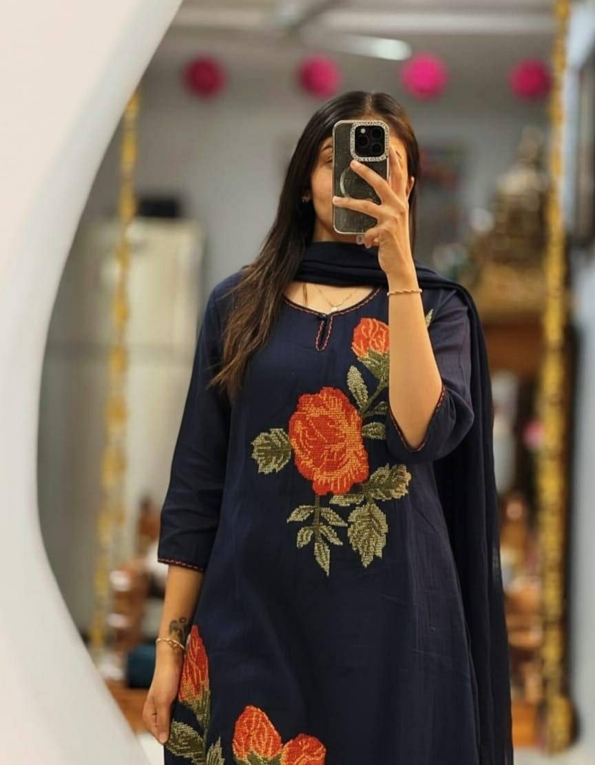 Elegant Rose Embroidery Cotton Kurti Set with Pant & Dupatta