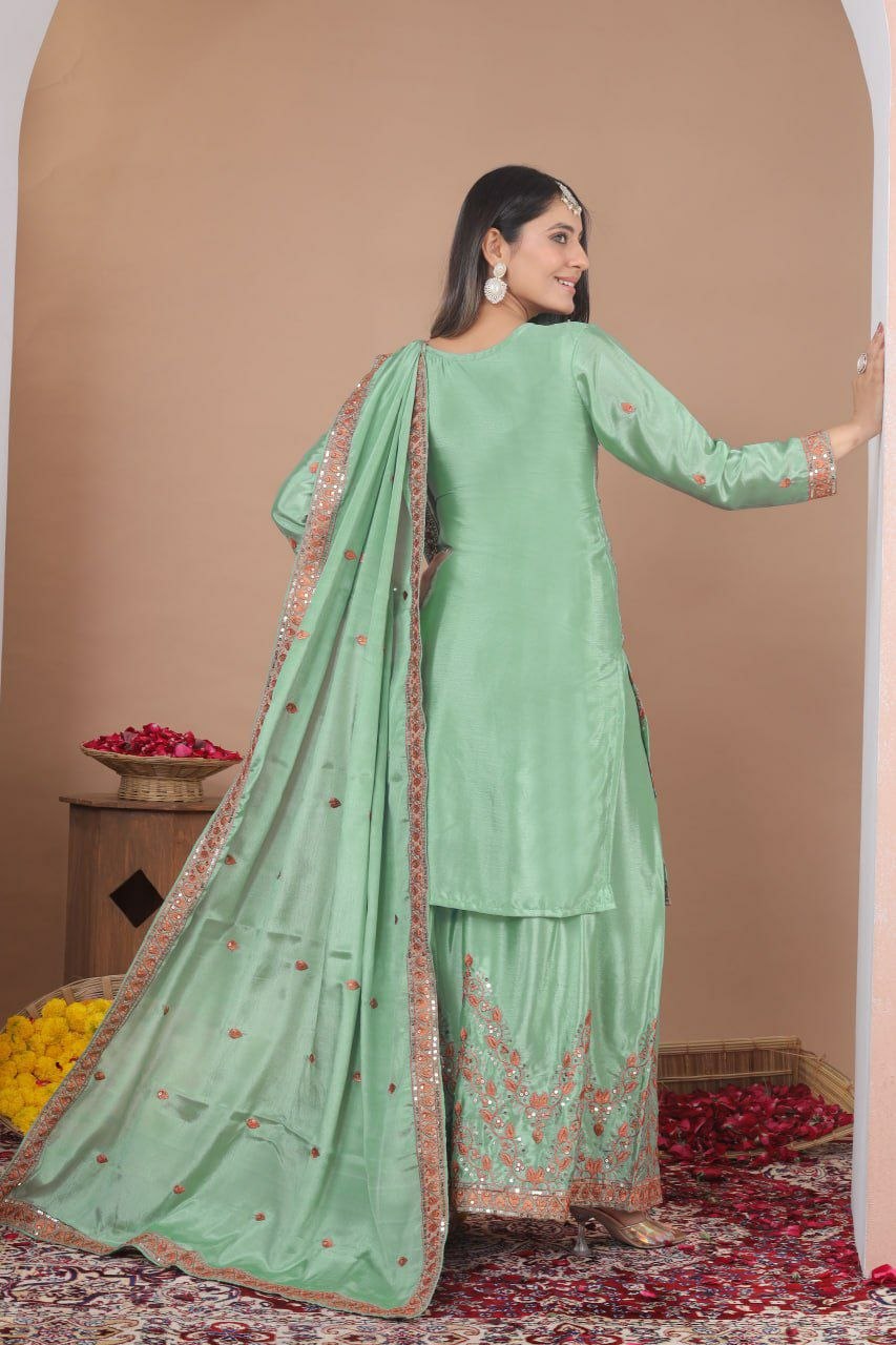 Elegant Chinon Embroidered Sharara Set with Dupatta