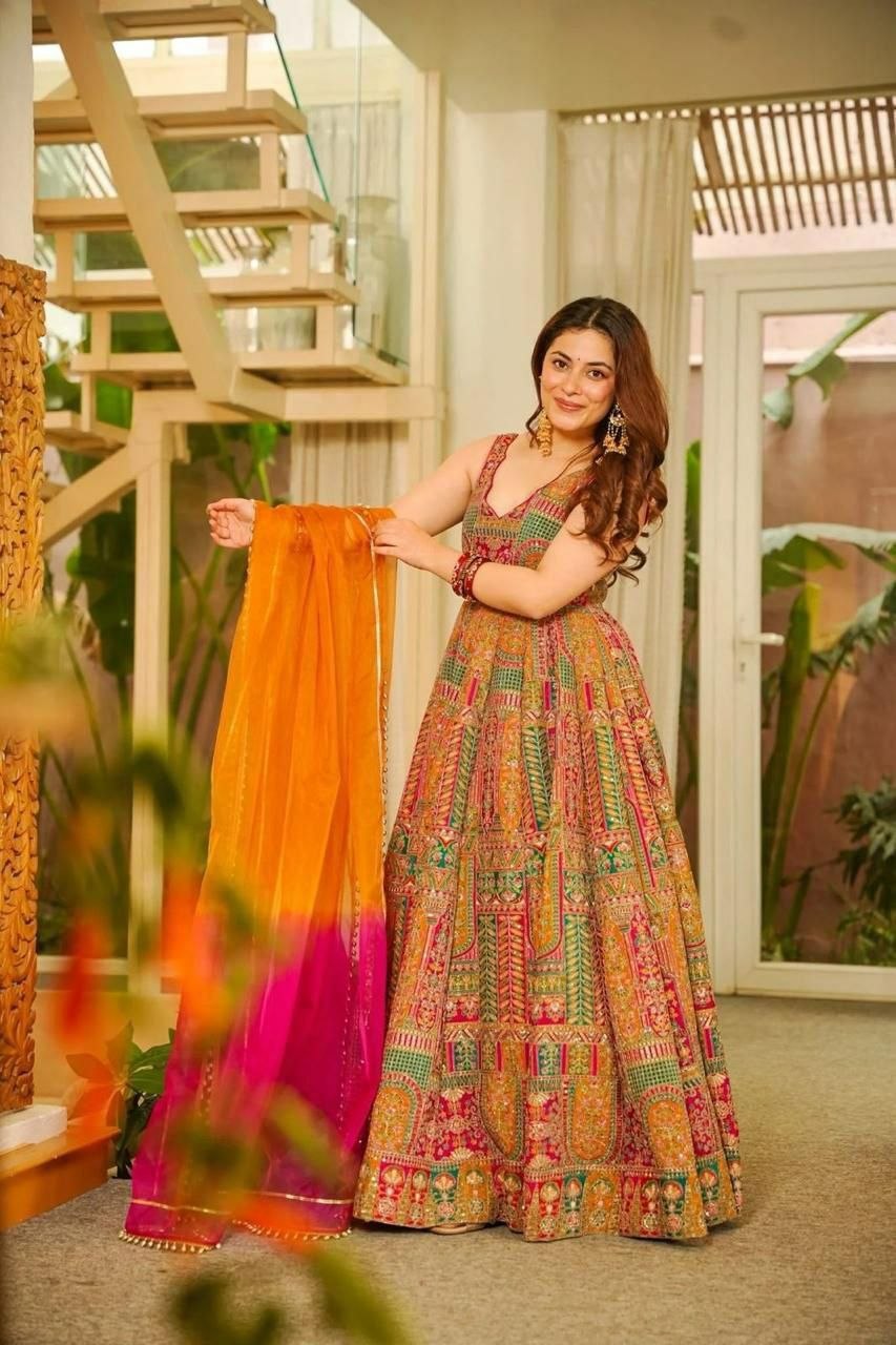 Elegant Digital Print Organza Anarkali Gown with Dupatta