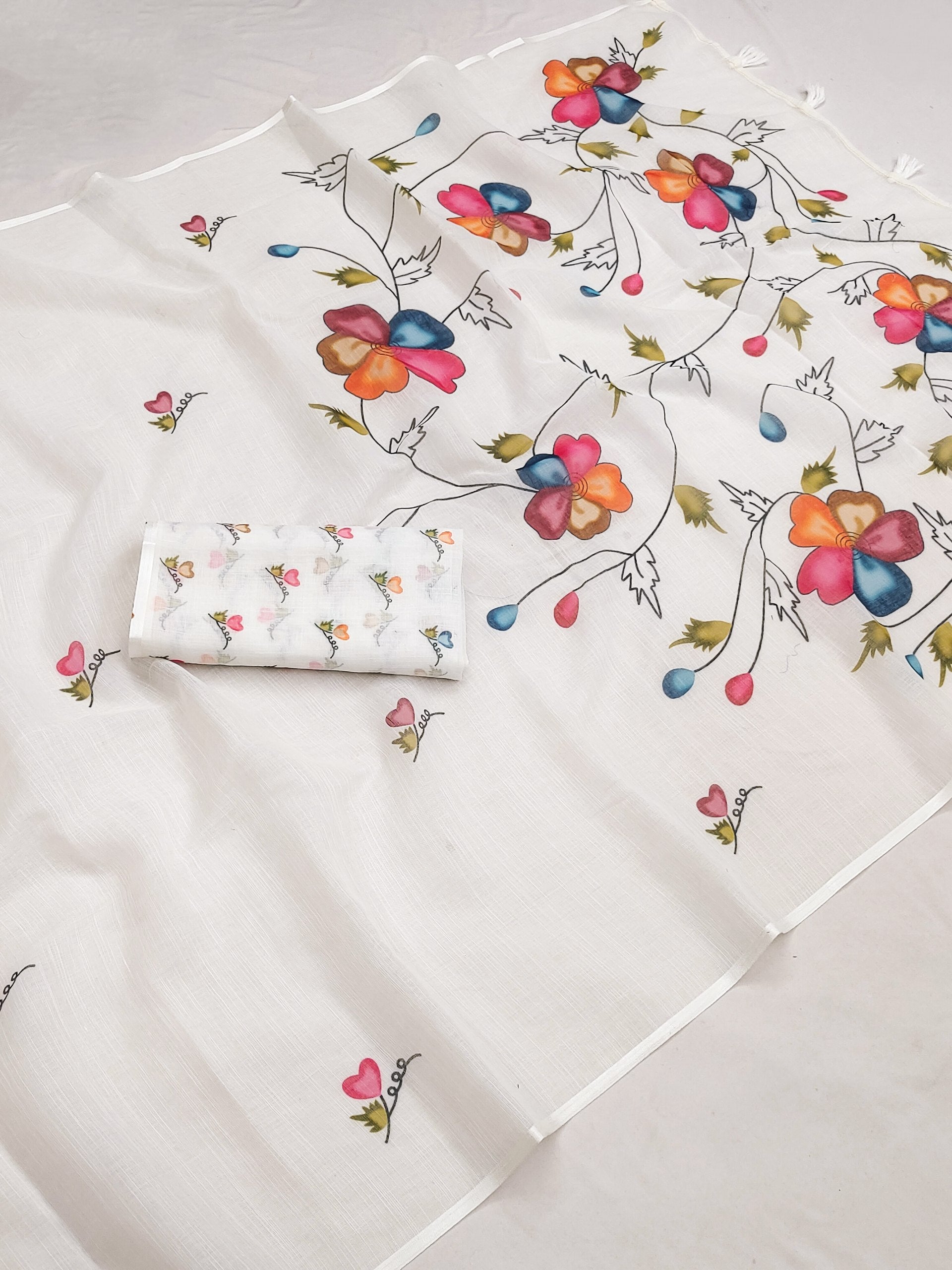 Soft Linen Cotton Saree with Heart & Floral Prints