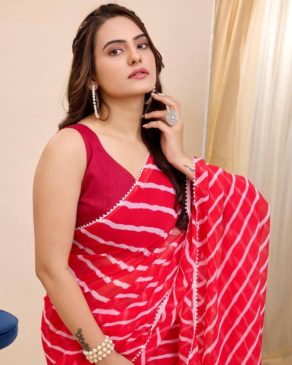 Red Printed Georgette Ready-to-Wear Saree