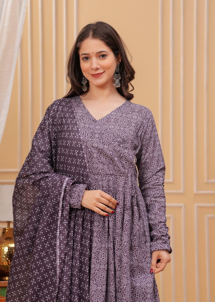 “Mulberry Smoke” Rayon Printed Kurti Pant Dupatta Set