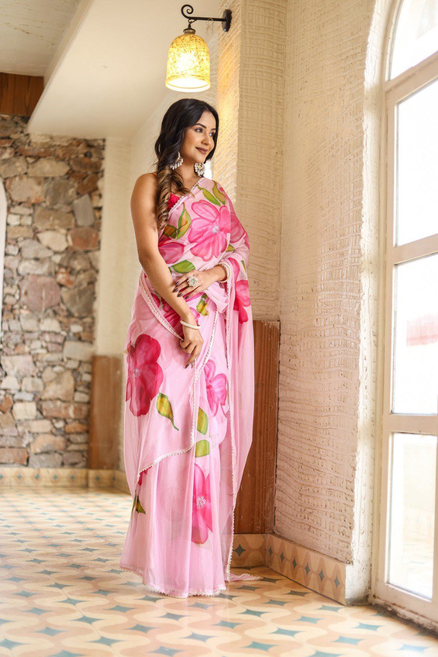 Blush Charm Pink Georgette Ready-to-Wear Saree