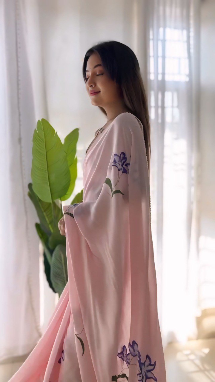Pink Printed Georgette Ready-to-Wear Saree Set