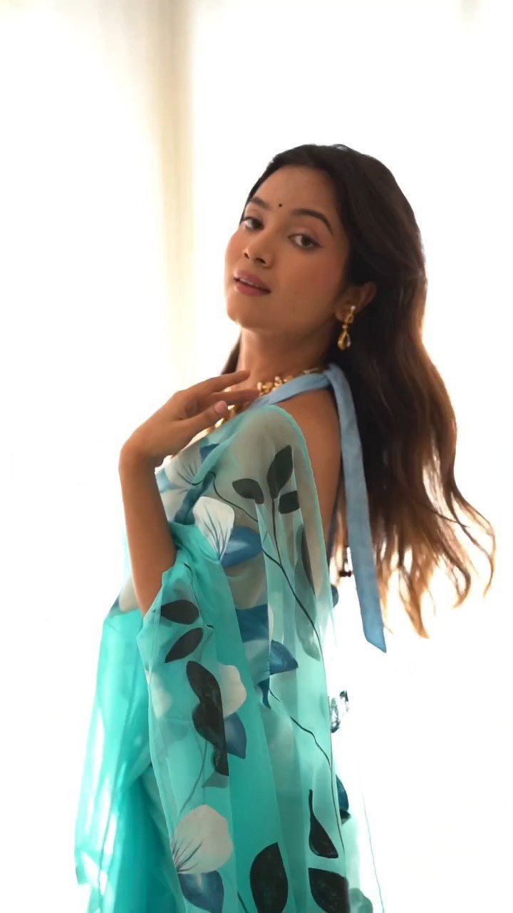 Sky Blue Organza Silk Printed Ready-to-Wear Saree with Unstitched Blouse
