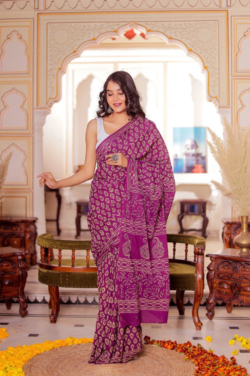 Purple Printed Cotton Ready-to-Wear Saree with White Unstitched Blouse
