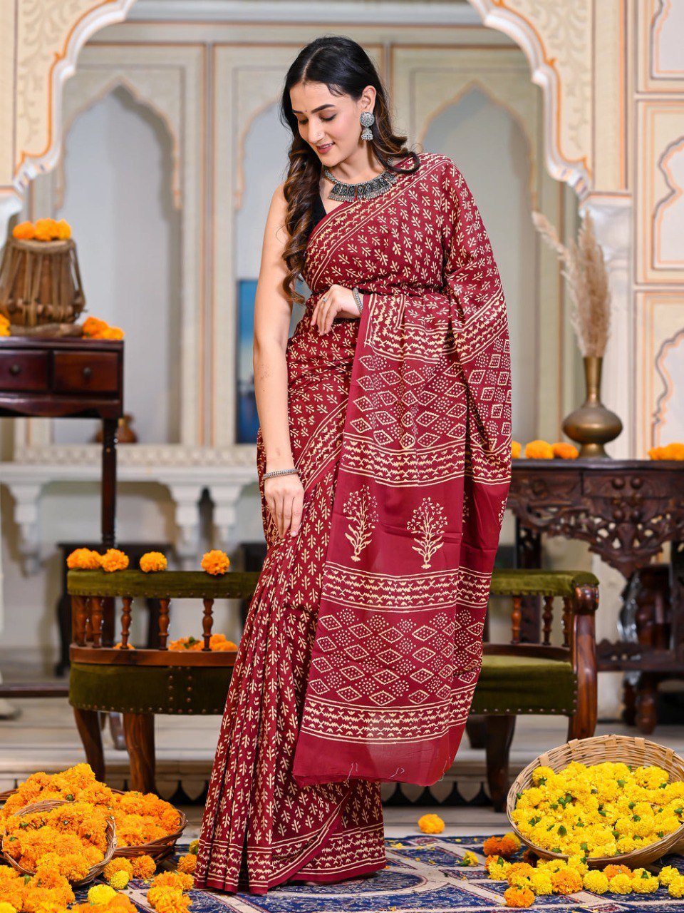 Scarlet Charm Cotton Printed Ready-to-Wear Saree