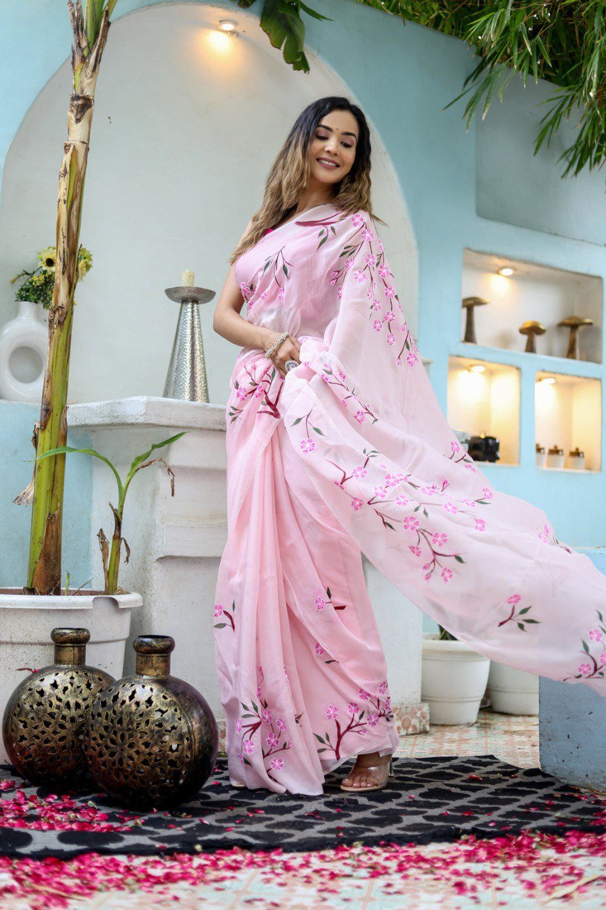 Pink Georgette Printed Ready-to-Wear Saree with Red Unstitched Blouse