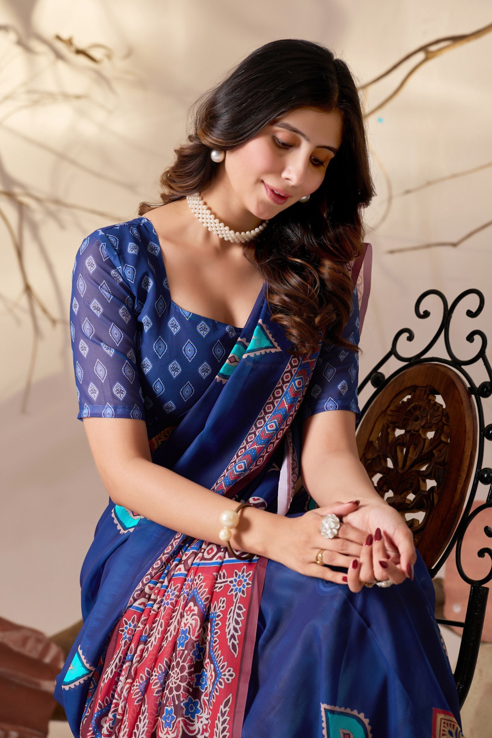 Royal Blue Geometric Elegance Soft Georgette Saree