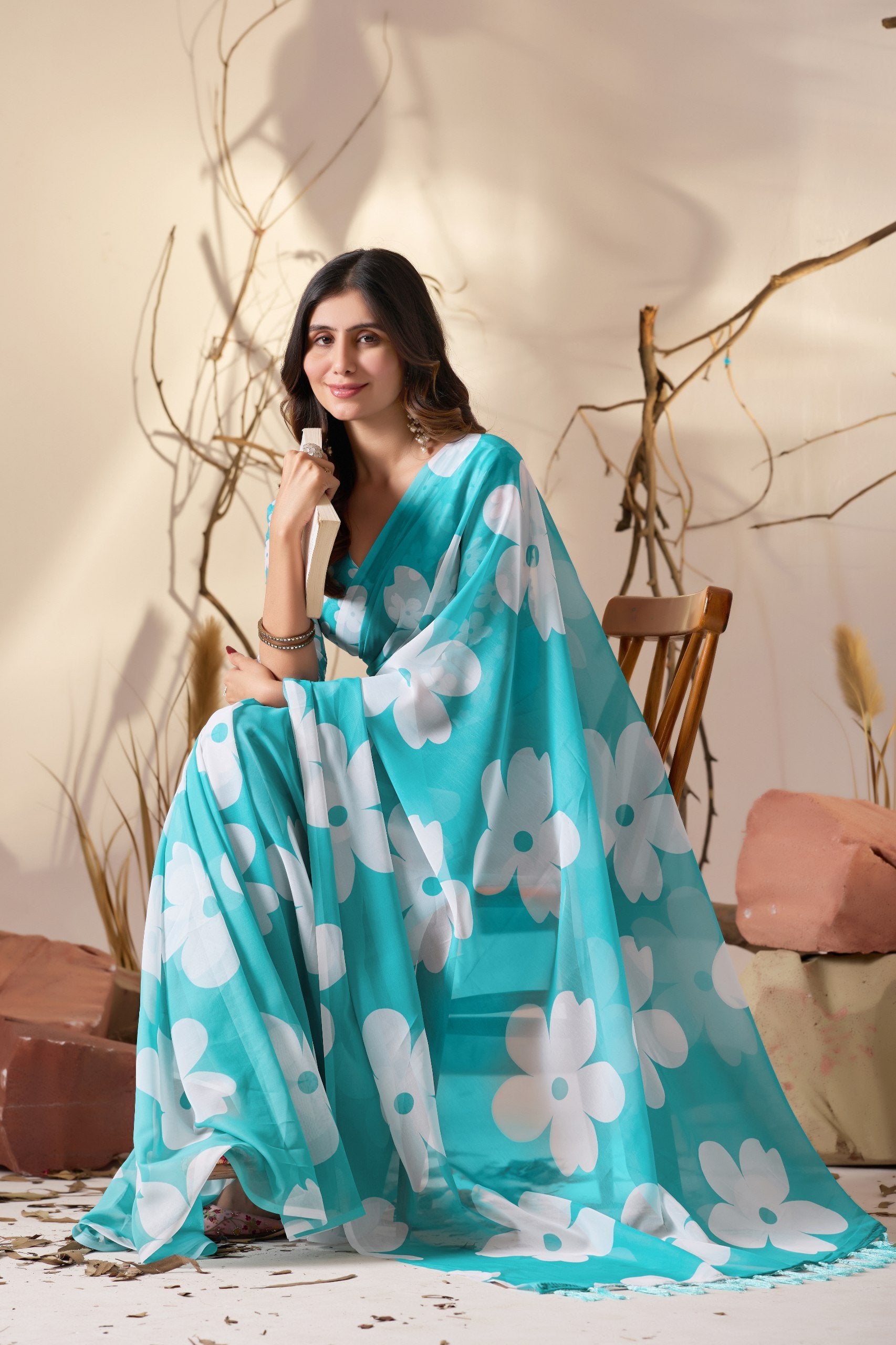 Aqua Bloom Soft Georgette Floral Saree