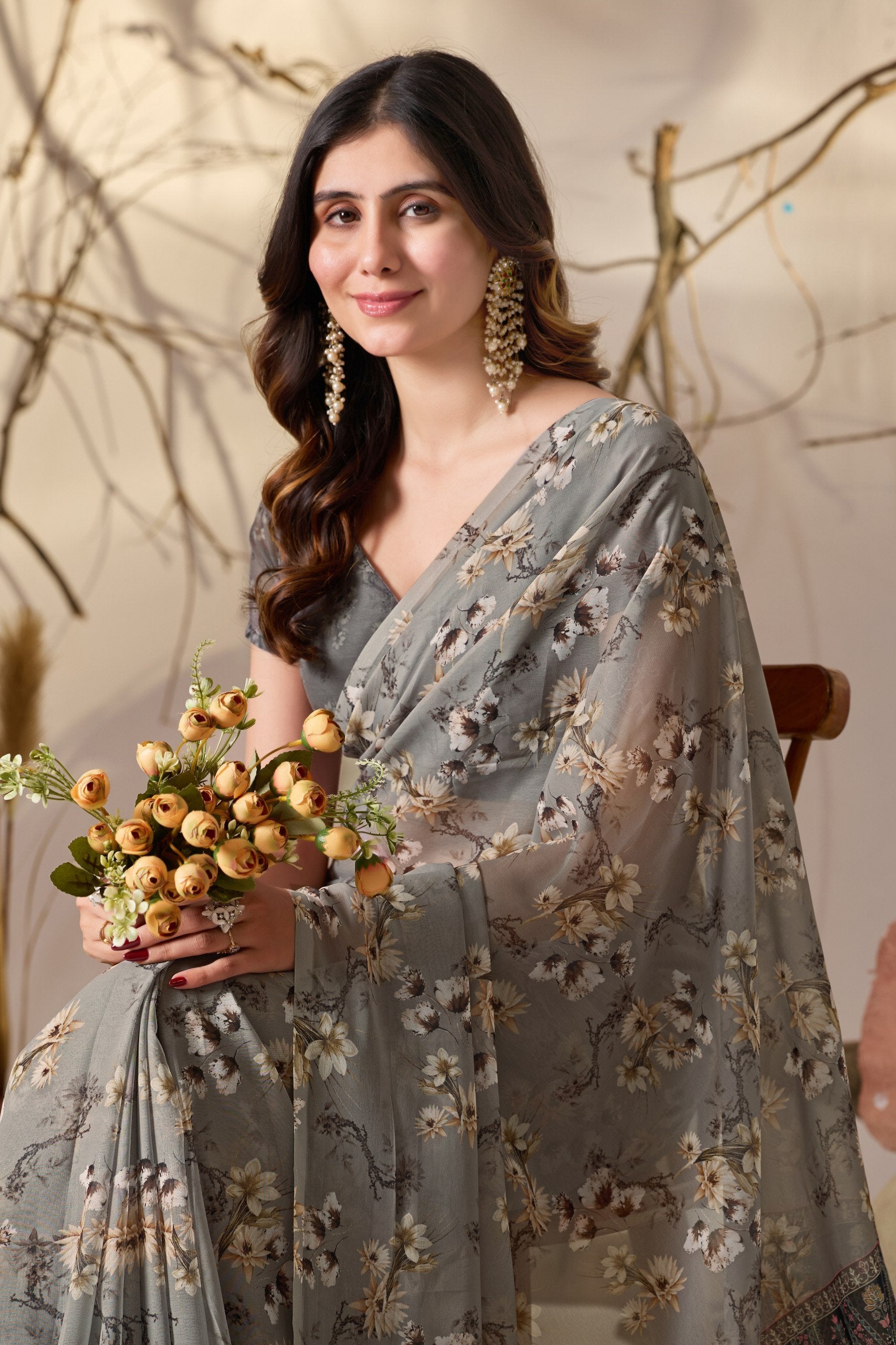 Misty Grey Tribal Bloom Soft Georgette Saree