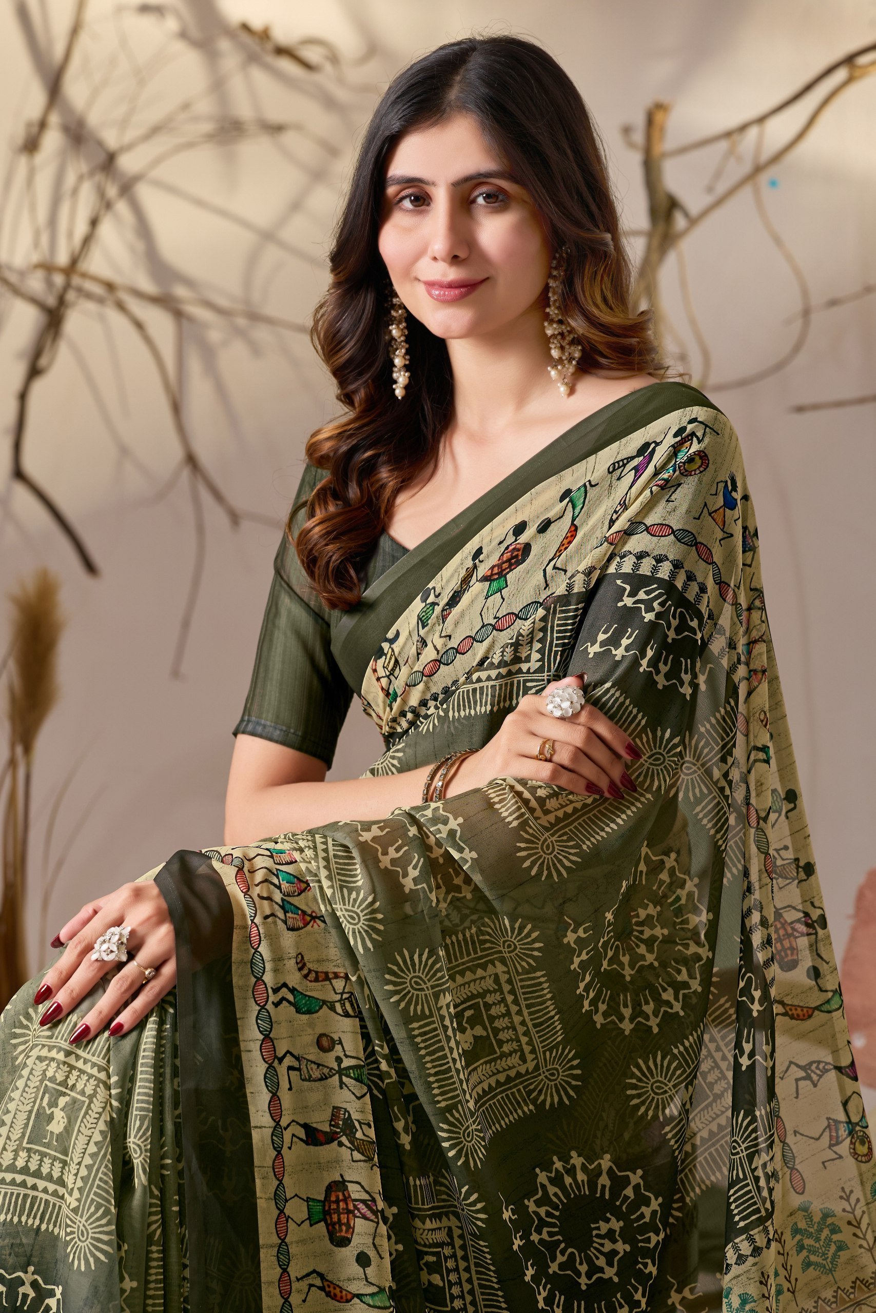 Olive Warli Heritage Soft Georgette Saree