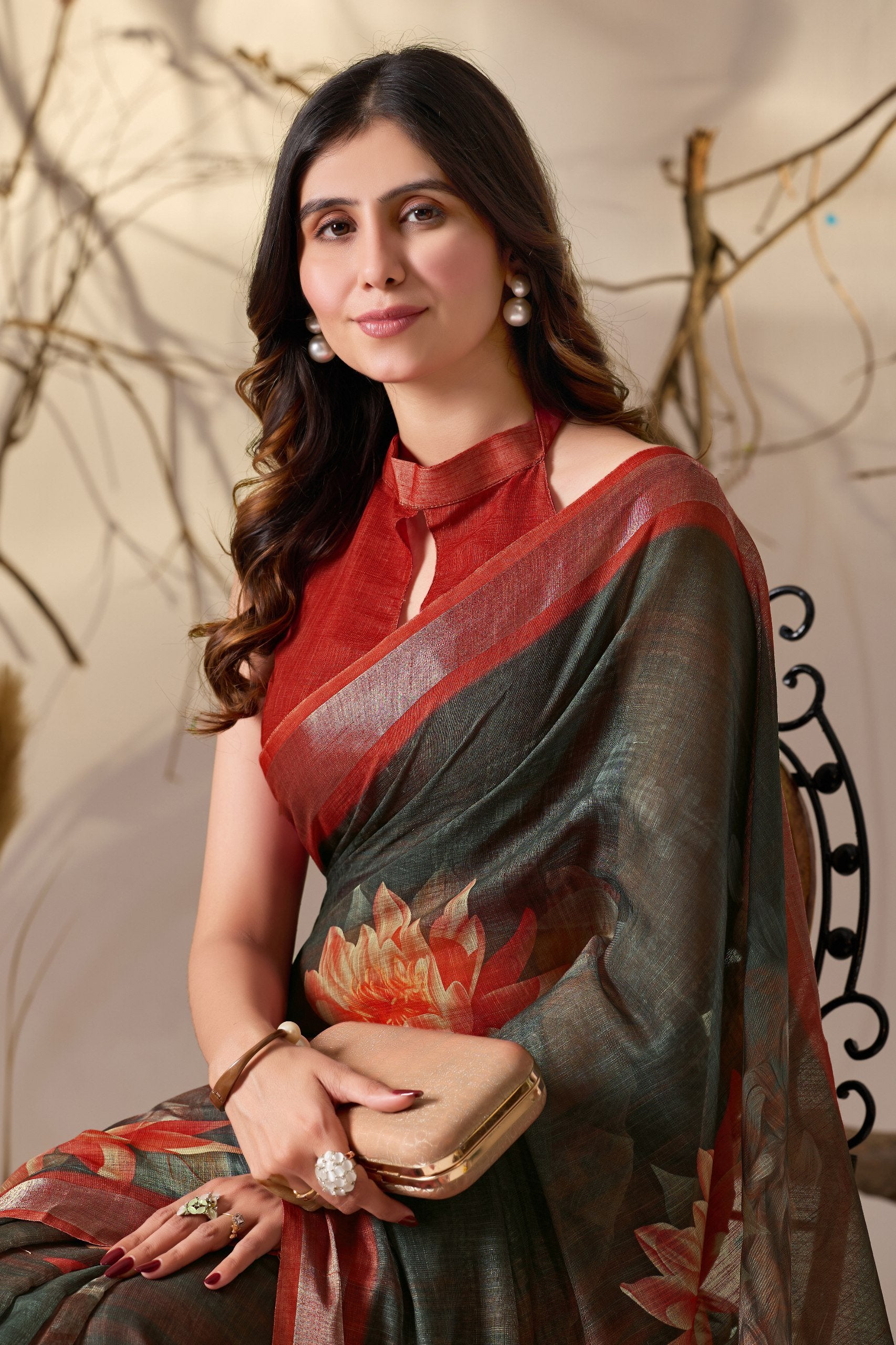 Rustic Elegance Dark Floral Linen Cotton Saree