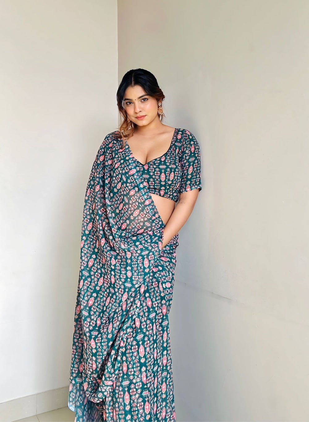 Rama Green Radiance Georgette Ready-to-Wear Saree