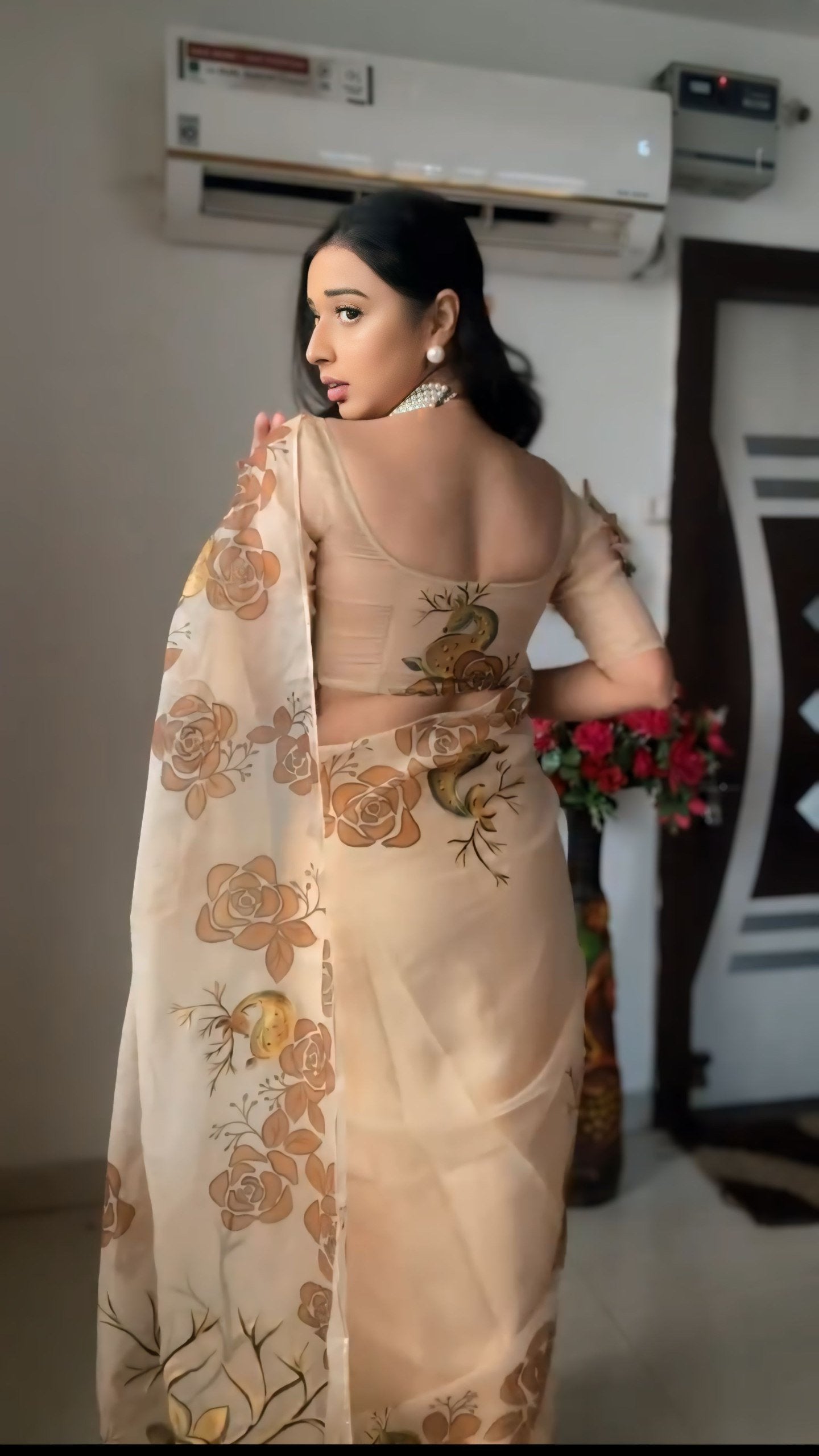 Beige Elegance Organza Silk Saree