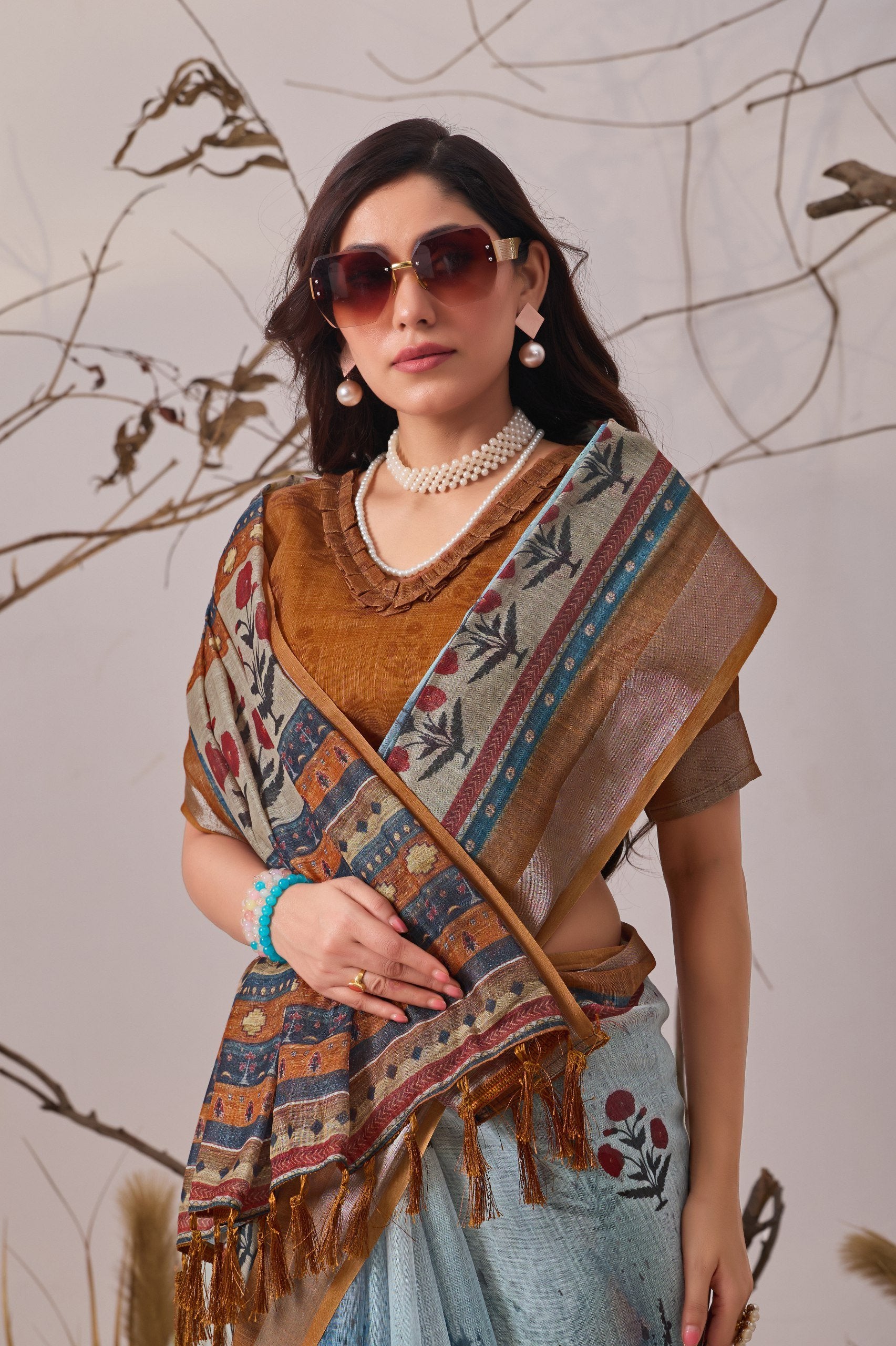 Soft Blue Floral Linen Cotton Saree – Pure Elegance in Every Drape