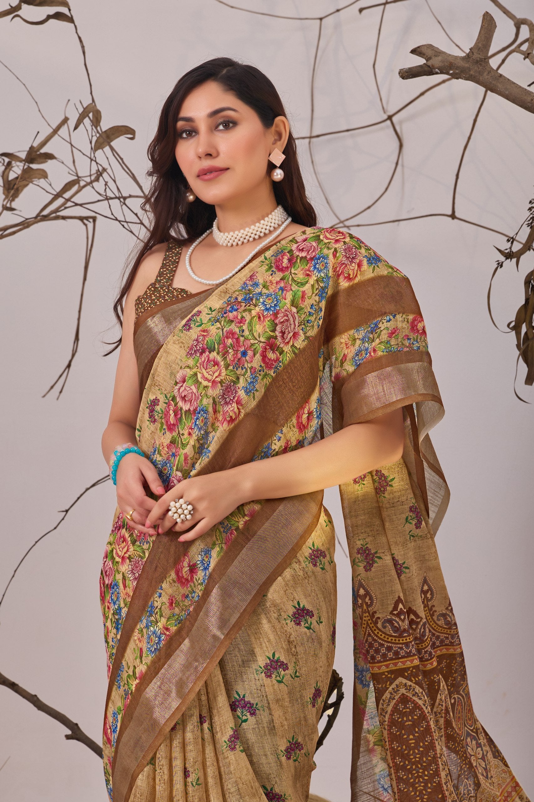 Soft Blue Elegance Linen Cotton Saree