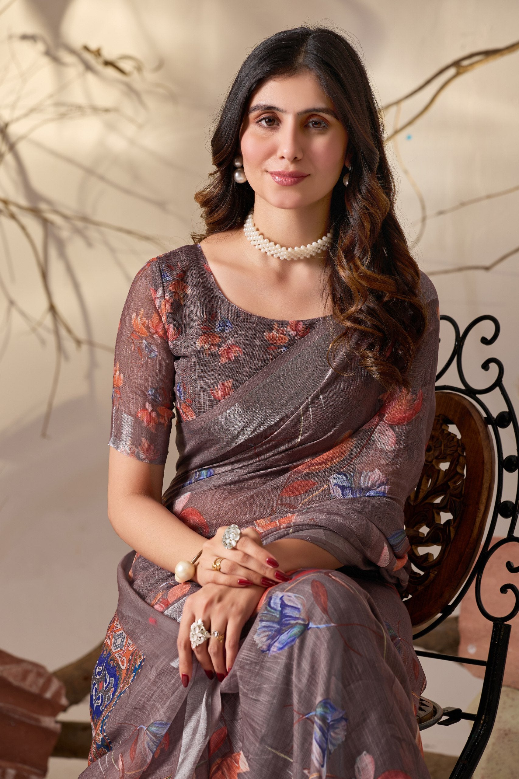Elegant Floral Charm Linen Cotton Saree