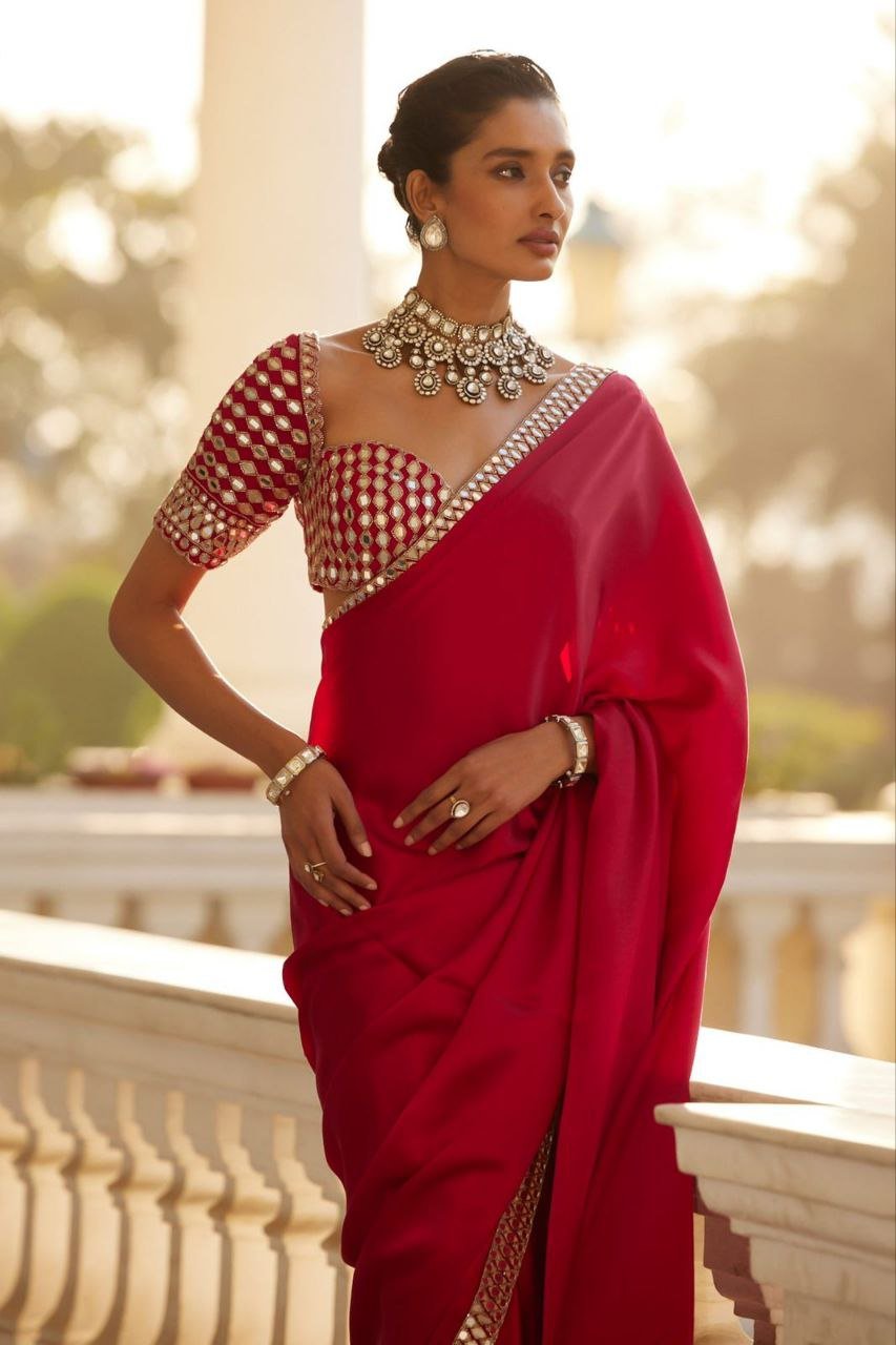 Premium French Crape Silk Saree with Heavy Real Mirror Work & Designer Blouse