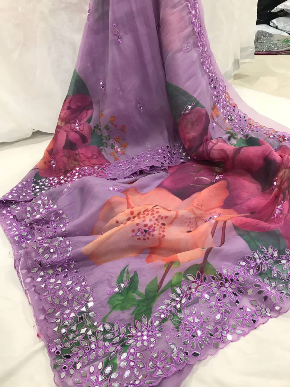 Premium Buttery Soft Organza Saree with Digital Print & Real Mirror Work