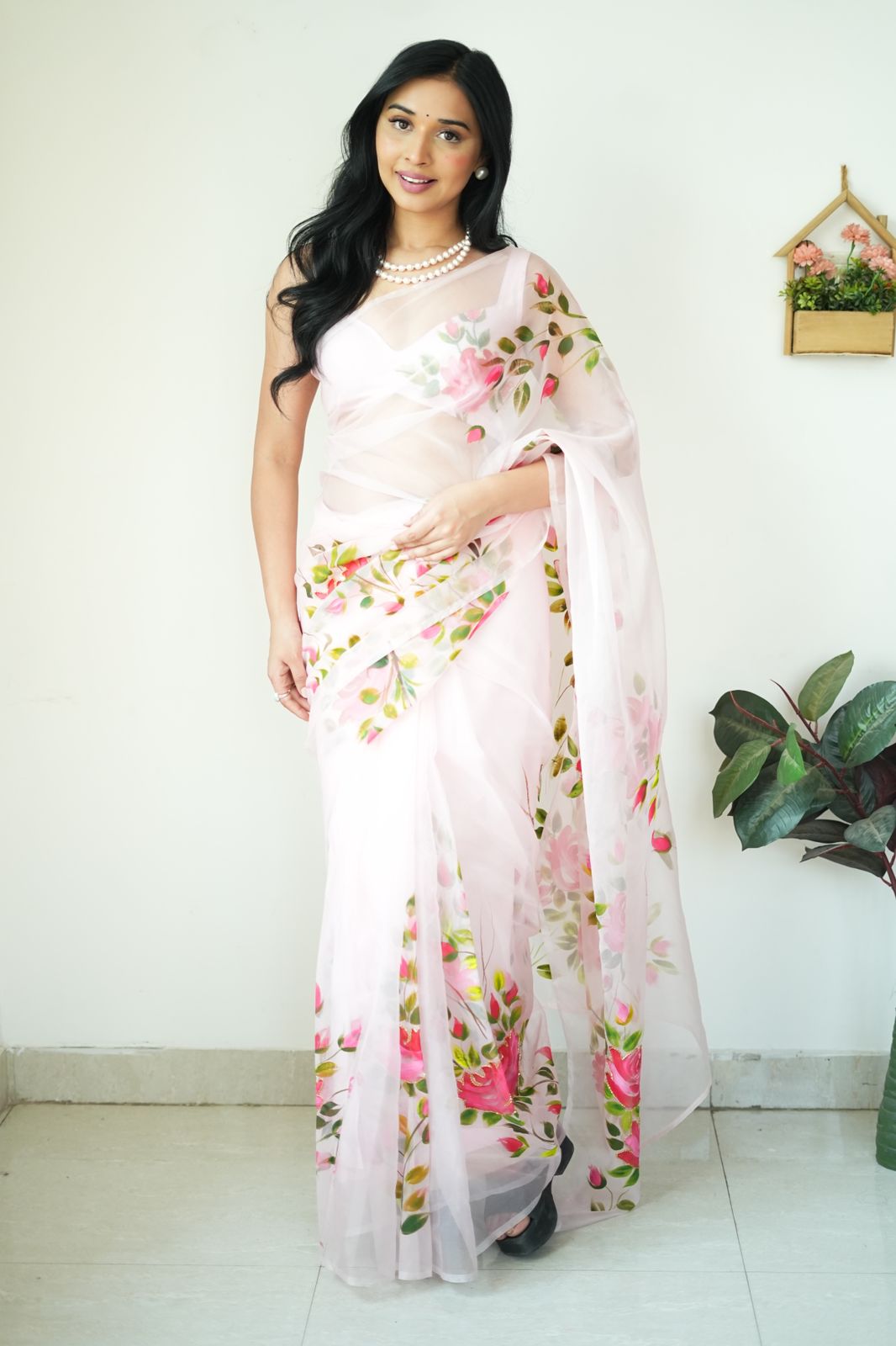 Elegant White Organza Printed Ready-to-Wear Saree