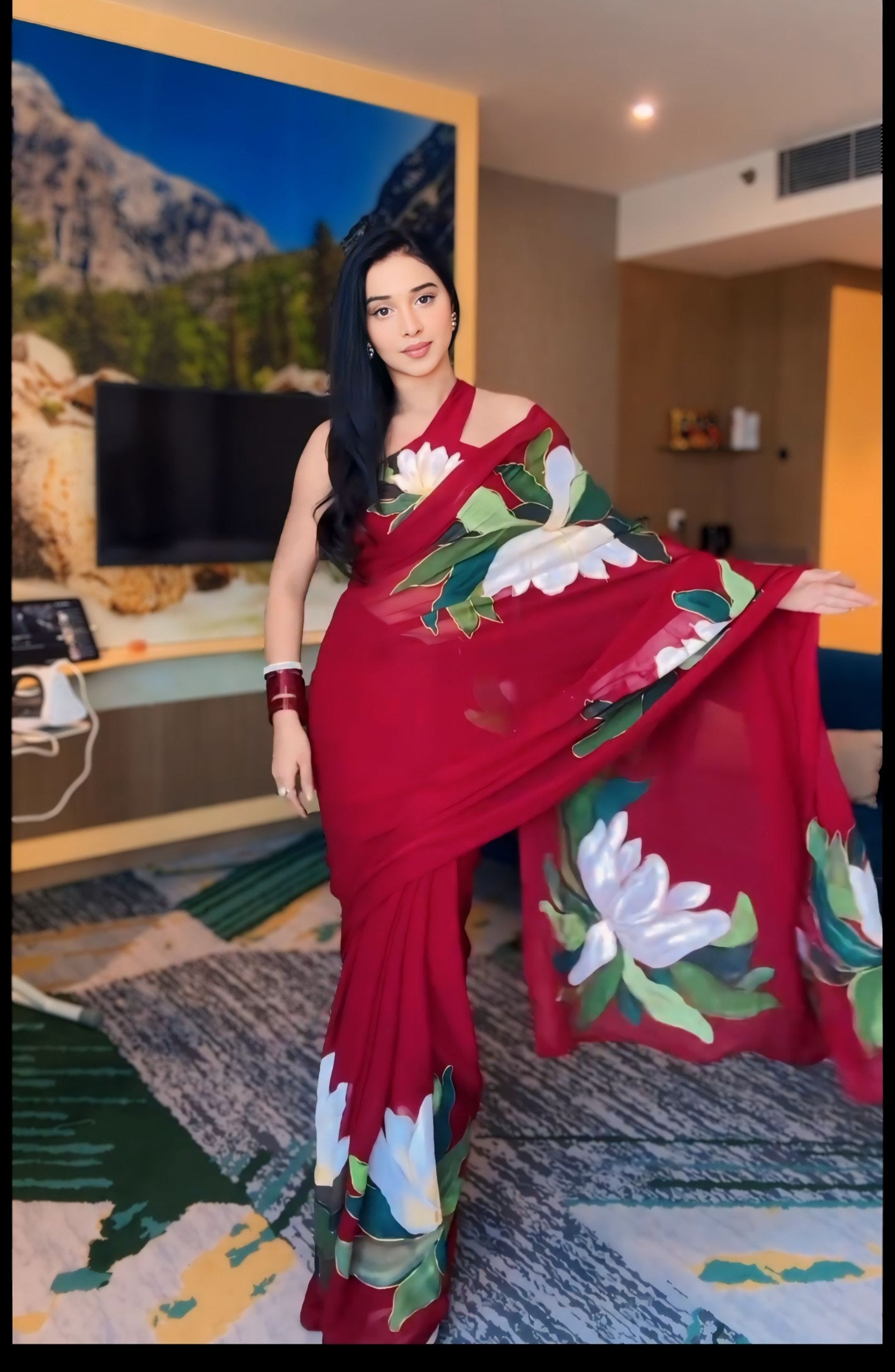 Ready-to-Wear Georgette Saree in a rich maroon shade