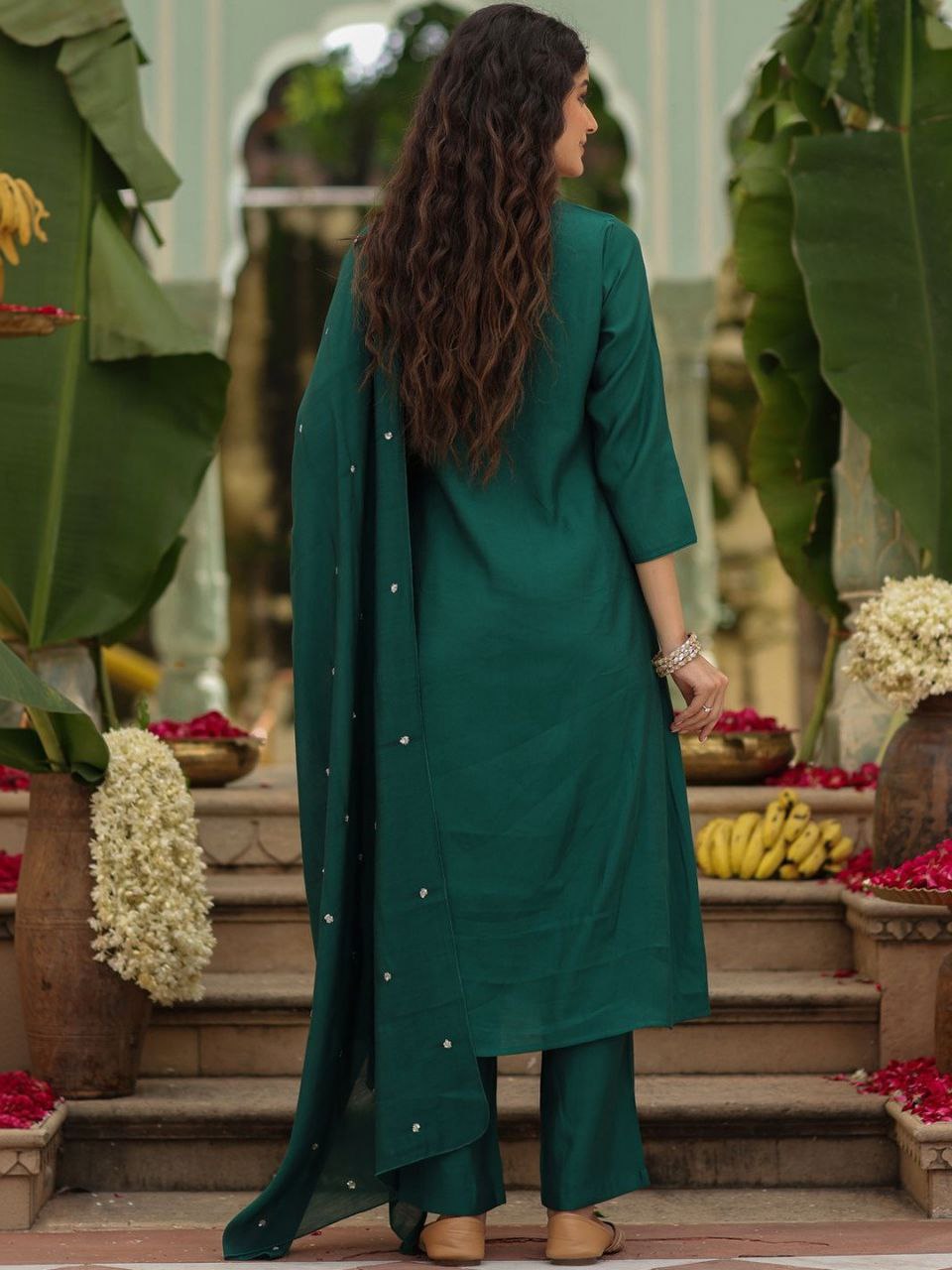 Rayon Slub Embroidered Kurti Pant Set with Heavy Chanderi Dupatta