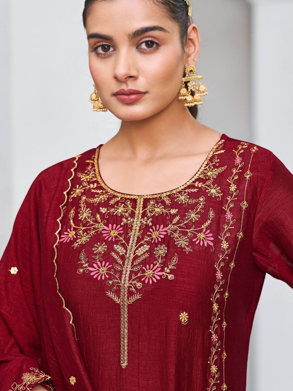 Vichitra Silk Embroidered Kurti Pant Set with Vichitra Silk Dupatta