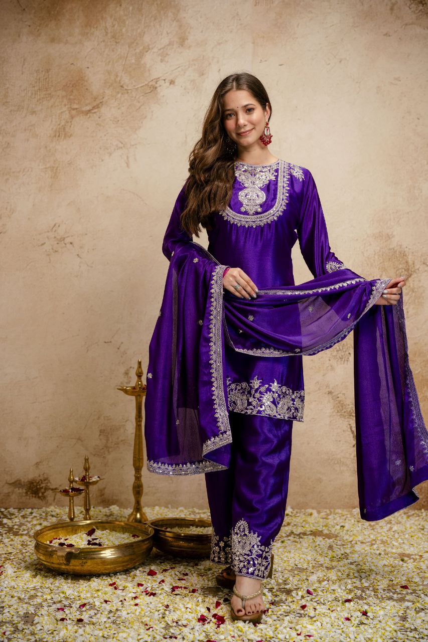Viscose Chinon Silk Embroidered Kurti Pant Set with Viscose Silk Dupatta