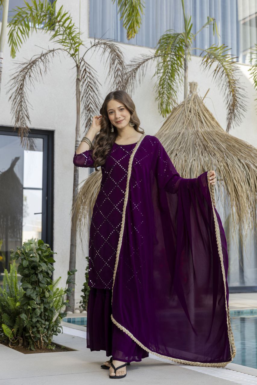 Heavy Fox Georgette Embroidered Kurti Pant Set with Georgette Dupatta