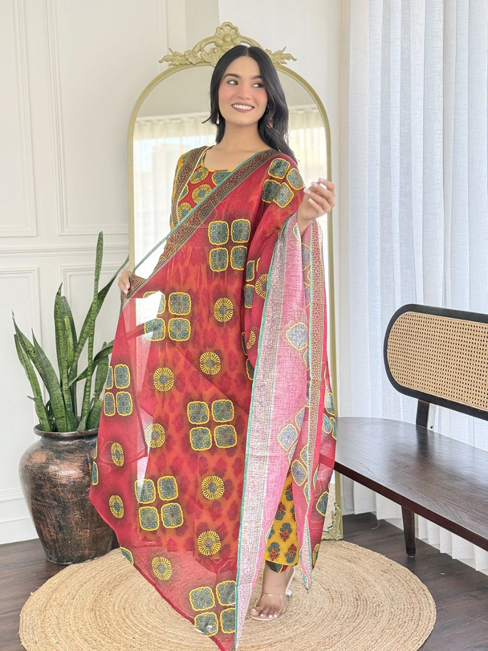 Heavy Rayon Embroidered Kurti Pant Set with Linen Slub Printed Dupatta