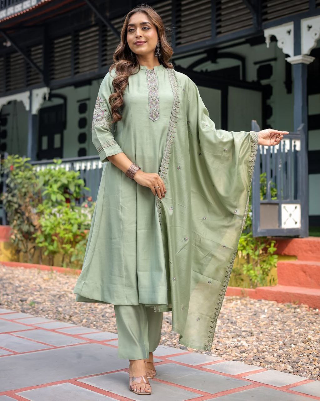 Heavy Muslin Silk Embroidered Kurti Pant Set with Chanderi Dupatta