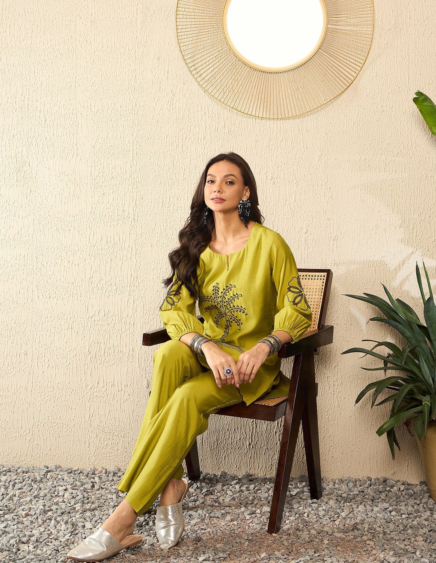 Women’s Mustard Embroidered Crepe Kurta Pant Co-Ord Set