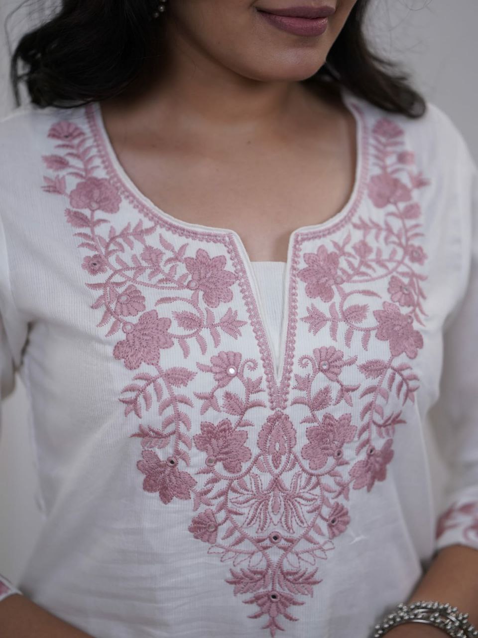 Pure Cotton Embroidered Kurti Pant Set with Nazmin Dupatta